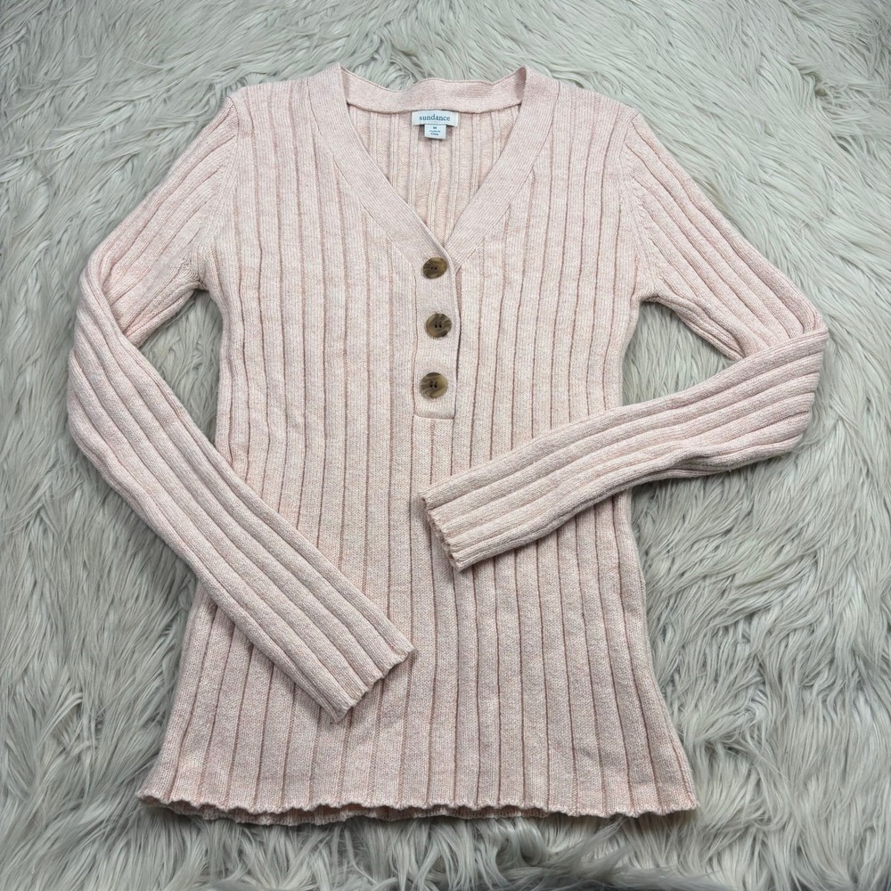 Sundance Women's M Pastel Pink Ribbed Henley Sweater V-Neck Preppy Cozycore